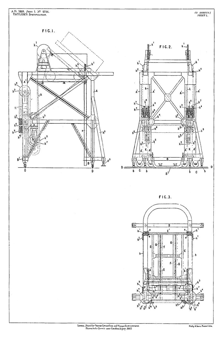 Figure 1 is a side elevation (the platform being up and tilted in dotted lines) Figure 2 is a rear elevation (the platform being down) and figure 3 a top plan of a portable staith or tip.