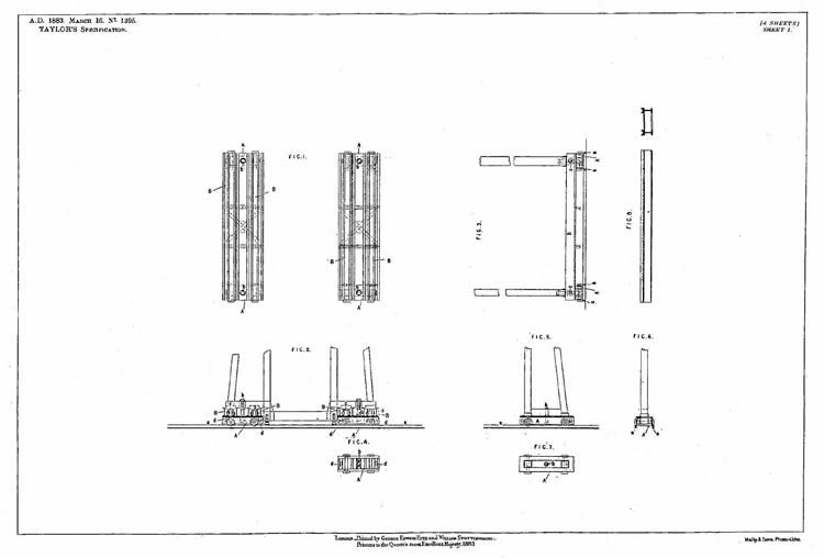 1883 - GEORGE TAYLOR of Penarth in the County of Glamorgan "IMPROVEMENTS IN APPARATUS FOR TRANSFERRING, RAISING, AND TILTING RAILWAY COAL WAGGONS AND TRANSFERRING COAL THEBEFROM FOR THE PURPOSE OF LOADING VESSELS." - Accompanying Drawings - Figures 1 to 24.