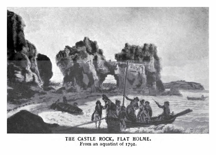 The Castle Rock, Flat Holme - from an aquatint of 1792 - An illustration from the article 'South Wales - The Country of Castles' which was issued by the Great Western Railway Company of Paddington Station, London and published in December 1907.