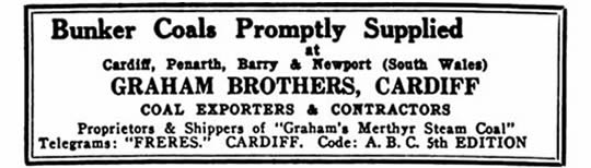 1920 - An advertisement for Bunker Coals Promptly Supplied by Graham Brothers, Cardiff, Coal Exporters & Contractor.