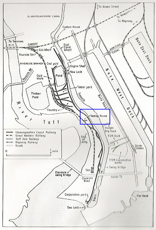 The location of the Testing House situated between the River Taff and the Glamorganshire Canal in a larger scale plan of the Bute Docks at Cardiff.