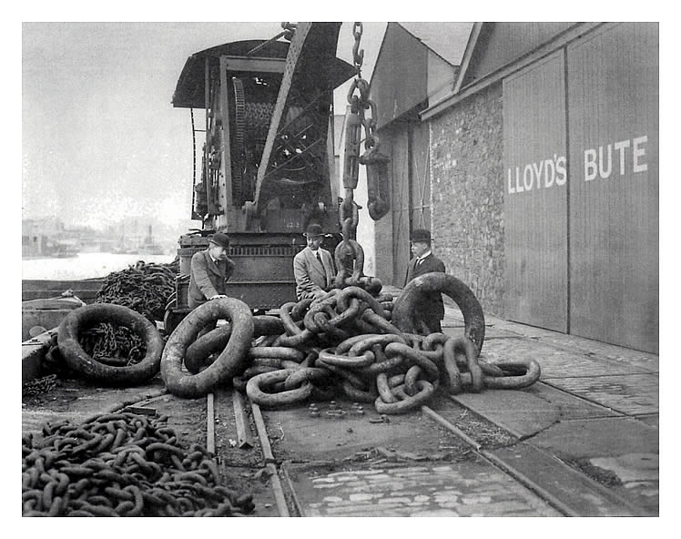 1912 - Brown Lenox chain cable and attachments at the Lloyd's Bute chain and anchor testing wharf in 1912.