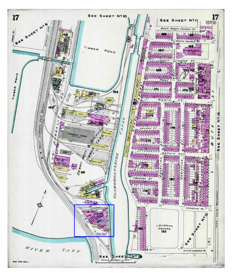 1909 - The finite location and plant layout of the Lloyd's Bute Chain and Anchor Proving House, Dumballs Road, Cardiff, as indicated within a contemporary fire-insurance plan of the locality.