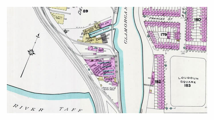 1909 - The finite location and plant layout of the Lloyd's Bute Chain and Anchor Proving House, Dumballs Road, Cardiff, as indicated within a contemporary fire-insurance plan of the locality.