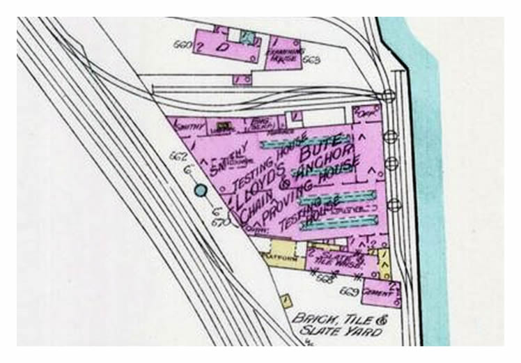 1909 - The finite location and plant layout of the Lloyd's Bute Chain and Anchor Proving House, Dumballs Road, Cardiff, as indicated within a contemporary fire-insurance plan of the locality.
