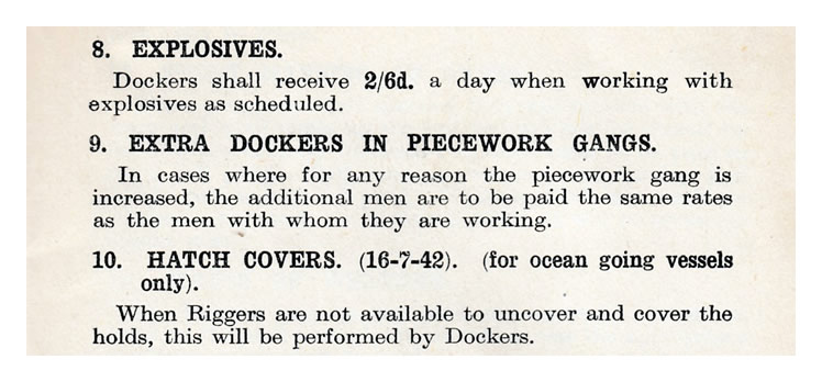 'Dockers shall receive 2/6d. (12.5p) a day when working with explosives as scheduled.' 