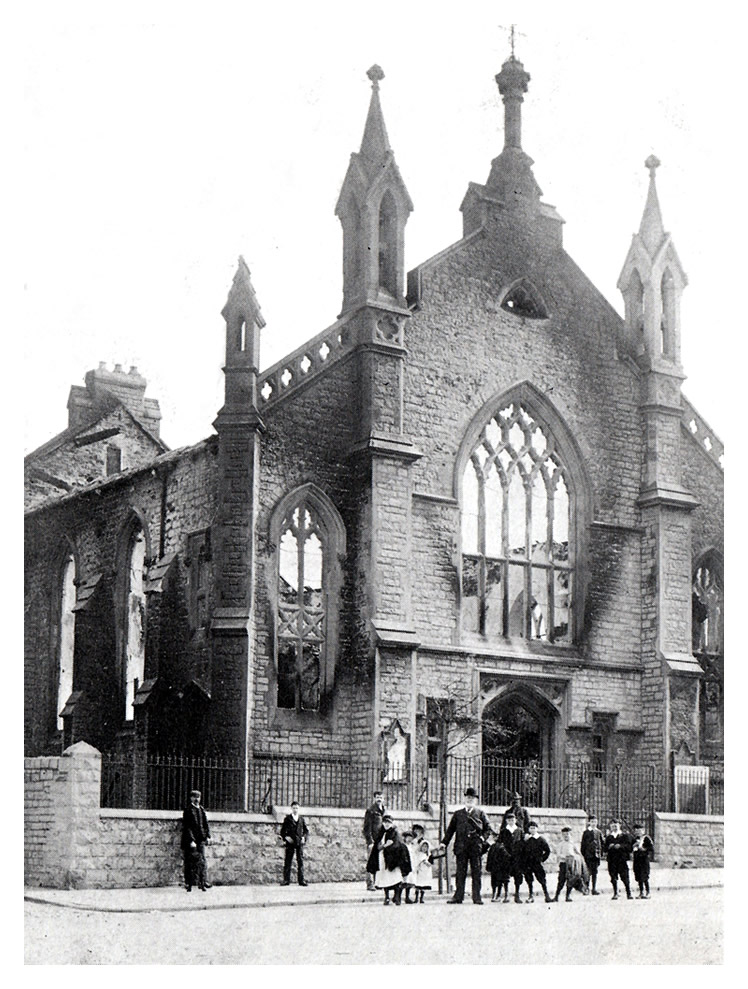 c.1905 - The burnt-out shell of the Arcot-street, Wesleyan Methodist Chapel. 