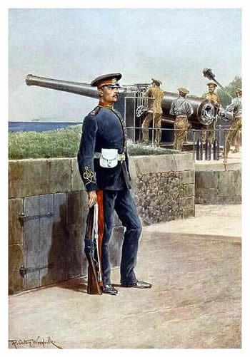 Another officer of the Glamorganshire R.G.A. (Royal Garrison Artillery) together with a 6-inch Mark VII Breach Loading gun.