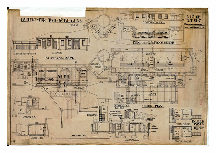 1918 - Seven Defences - Drawing No 4 of Set of 7 - Battery for Two 6" Guns Mk.VII - Record Compiled from Station Drawings - Penarth Head - Plan of Engine Room and Gun Floor Shelter.