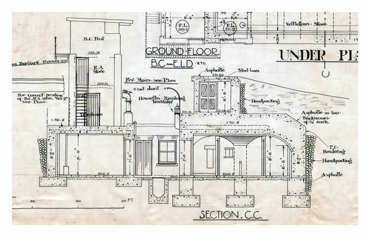 1918 - Seven Defences - Drawing No 4 of Set of 7 - Battery for Two 6" Guns Mk.VII - Record Compiled from Station Drawings - Penarth Head - Plan of Engine Room and Gun Floor Shelter.