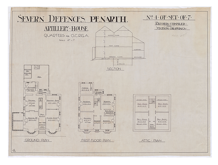 1919 - Seven Defences - Drawing No 4 of Set of 7 - Battery for Two 6" Guns Mk.VII - Record Compiled from Station Drawings - Penarth Head - Artillery House.