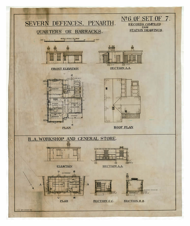 1920 - Seven Defences - Drawing No 6 of Set of 7 - Battery for Two 6" Guns Mk.VII - Record Compiled from Station Drawings - Penarth Head - Quarters or Barracks.