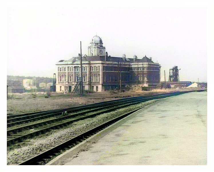 A view of the Barry Dock Offices from the platform of Barry Dock Station c.1980.