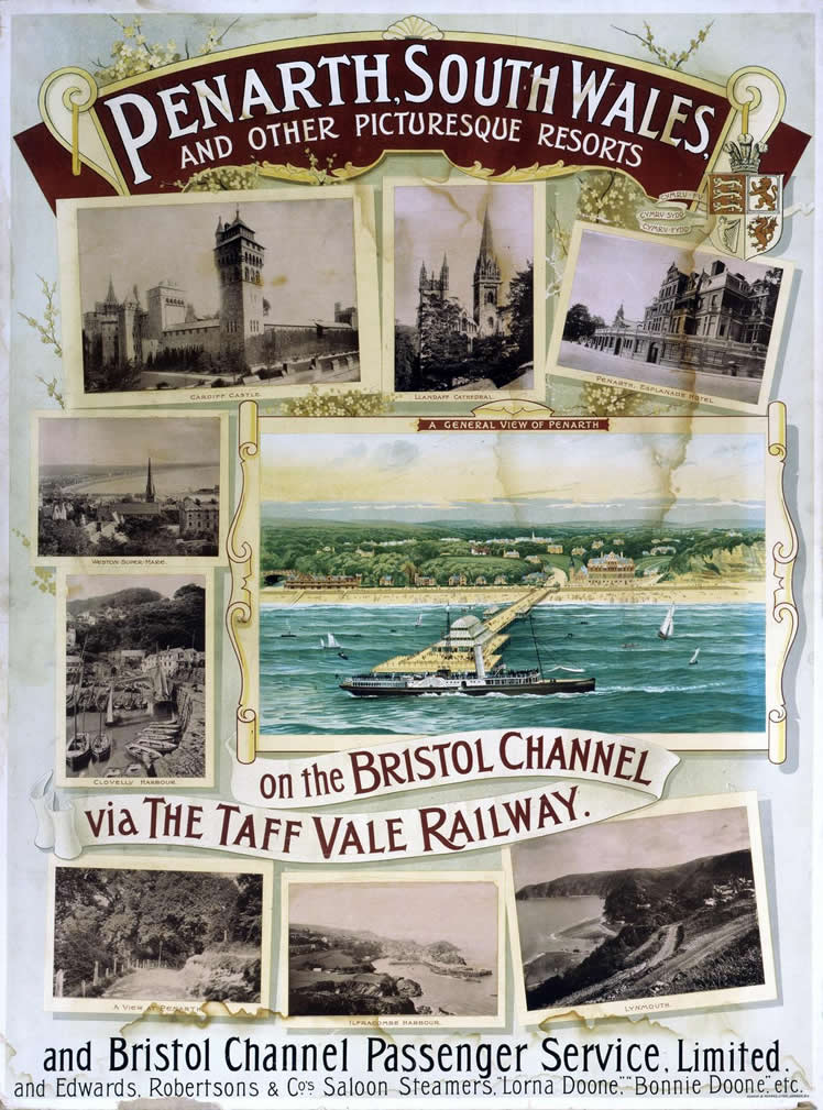 c.1914 - Penarth, South Wales and other picturesque resorts on the Bristol Channel via the Taff Vale Railway and Bristol Channel Passenger Service, Limited. and Edwards, Robertson's & Cos. Saloon steamers. "Lorna Doone." Bonnie Doone." etc. - Poster published by the Taff Vale Railway Company.
