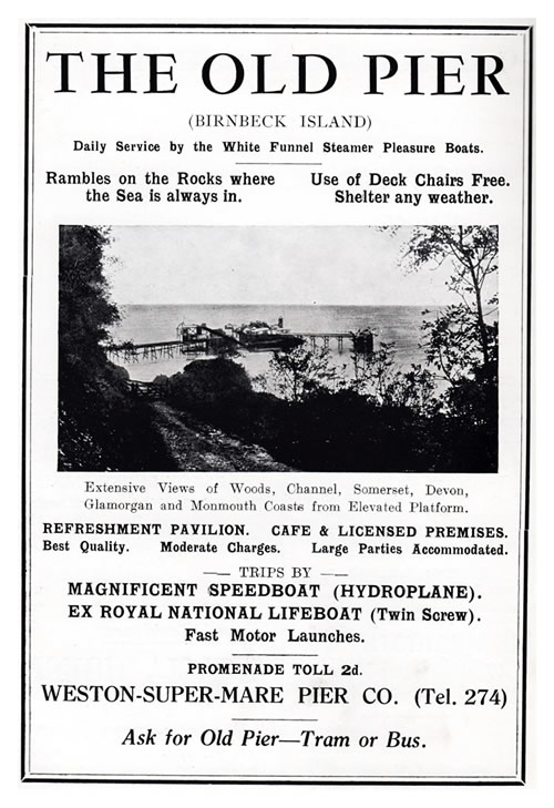 1934 - The Old Pier (Birnbeck Island) -&nbsp;Daily Service by the White Funnel Fleet Pleasure Boats.