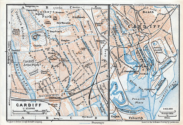 1937 - A map of Cardiff including Penarth Dock taken from 'Great Britiain' by Karl Baedeker. 