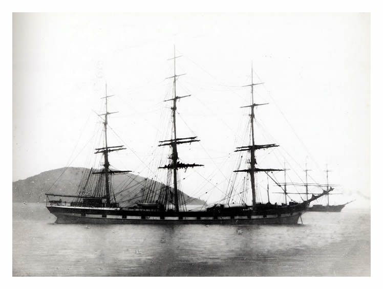 c.1890 - The iron ship 'Crown of Scotland,' 1,617 tons, anchored in an unidentified port.