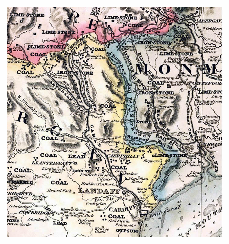 A section of the map with description of the Glamorganshire Canal (sometimes called the Cardiff Canal) taken from the 1830 George Bradshaw's (1801-1853) publication.