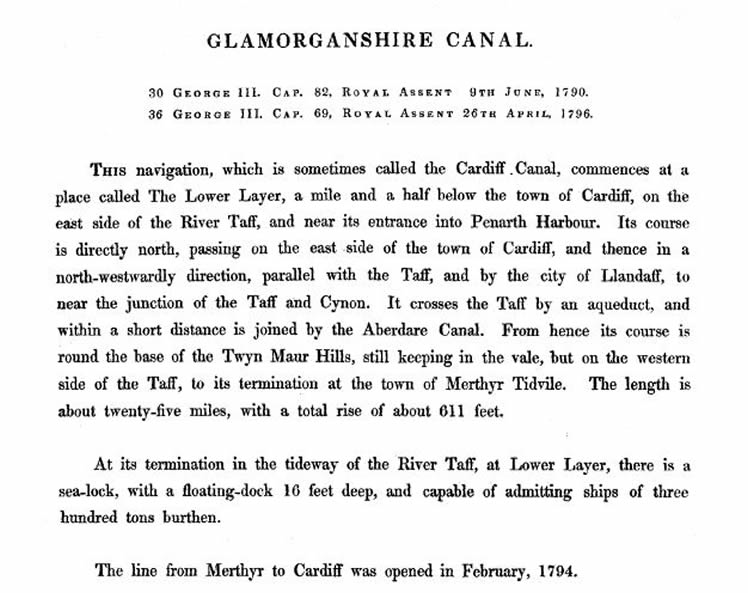 A section of the map with description of the Glamorganshire Canal (sometimes called the Cardiff Canal) taken from the 1830 George Bradshaw's (1801-1853) publication.