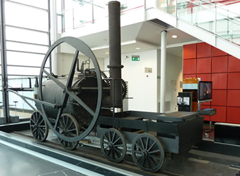 The replica of Trevithick's Penydarren 1804 tramway locomotive as displayed at the National Waterfront Museum at Swansea.