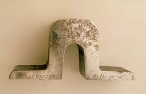 Section of standard gauge bridge rail with inscription held at the National Waterfront Museum, Swansea.