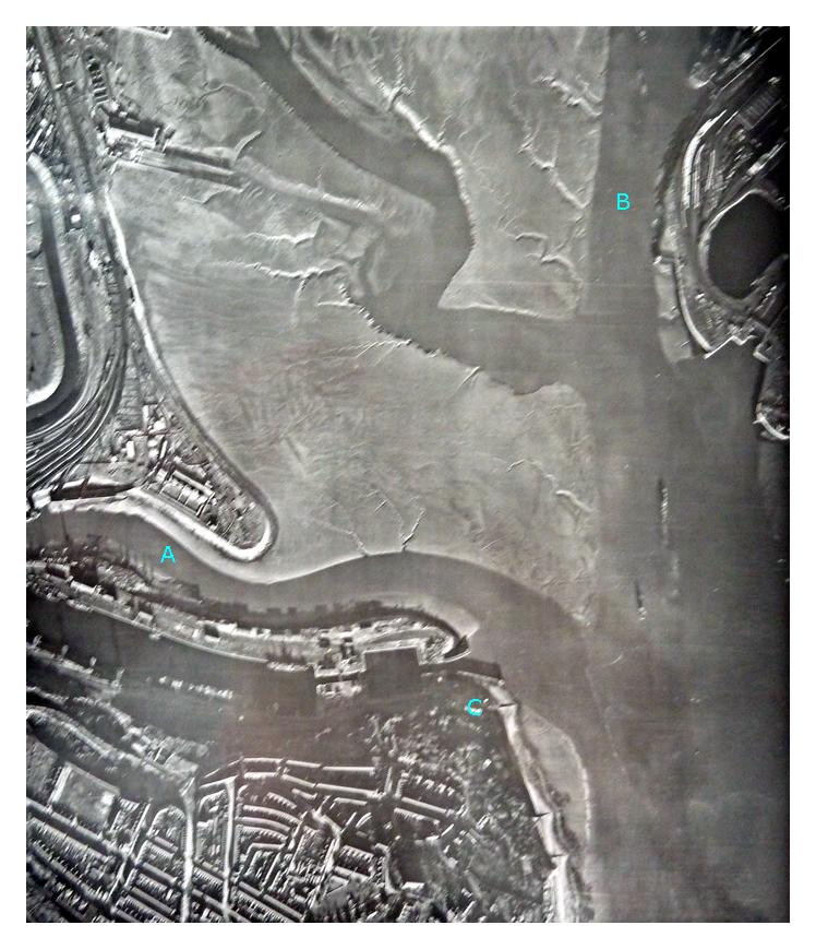 4th December 1946 - Image 3077 - The meandering River Ely leads finally to the Severn Sea and the 'Cut' to the Pier Head and Cardiff Dock entrances. 