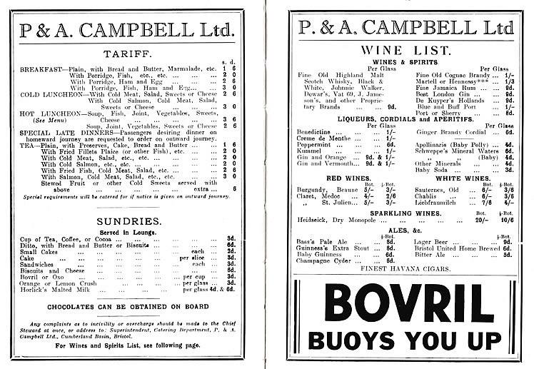 The Tariff, Sundries and Wine List aboard a P. & A. Campbell Ltd., 'White Funnel Fleet' steamer. 