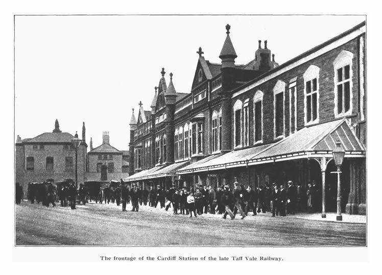 The frontage of the Cardiff Station of the late Taff Vale Railway.