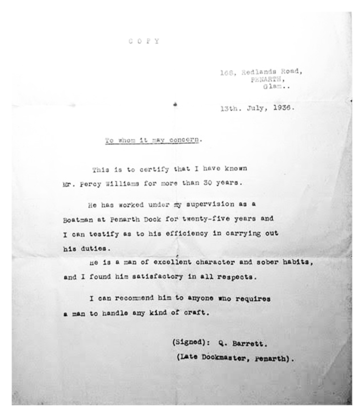 A letter of recommendation regarding a former boatman at Penarth Dock, Mr. Percy Williams.